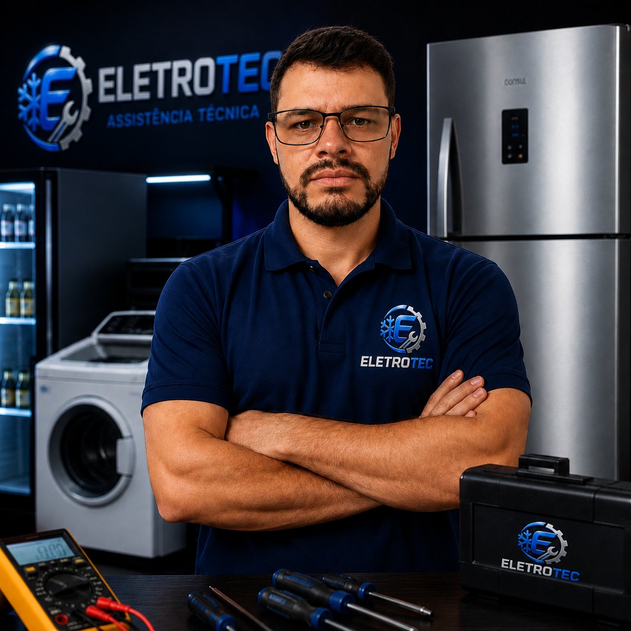 Técnico da Eletrotec com ferramentas e equipamentos de refrigeração